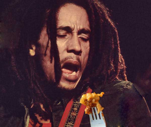 Bob Marley being terrified by a piece of haunted lasagne.